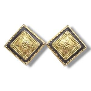 Gold Tone Black Enamel Stamped Metal Post Pierced Earrings Art Deco Square Shape